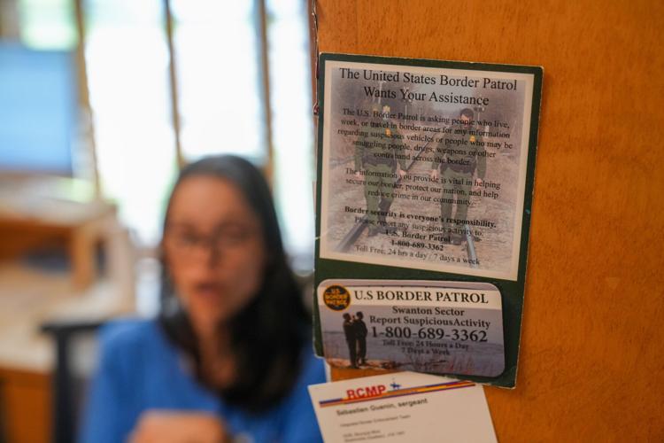 A sticker for the U.S. Border Patrol displayed inside the border-spanning Haskell Free Library and Opera House that sits in both Derby Line, Vermont and Stanstead, Quebec, as seen on July 16, 2026.