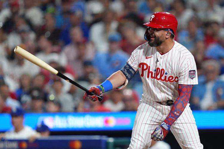 Philadelphia Phillies designated hitter Kyle Schwarber bats during the third inning for the All-Star Game earlier this month at Citizens Bank Park in Philadelphia. He is leading the National League in home runs for the third time in five years and passed 3