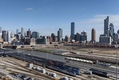 Amtrak’ s 14th Street Coach Yard operates on Wednesday, March 18, 2026, along the South Branch of the Chicago River south of Roosevelt Road, across from The 78 development in Chicago.