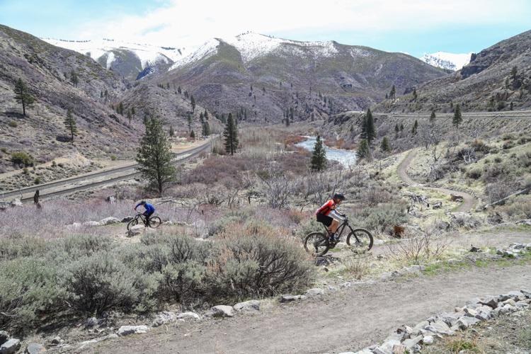 Mountain bikers ride the Tahoe-Pyramid Trail.