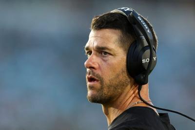 Aug 21, 2026; Jacksonville, Florida, USA; Carolina Panthers head coach Dave Canales looks on against the Jacksonville Jaguars in the first quarter during a preseason game at EverBank Stadium. Mandatory Credit: Nathan Ray Seebeck-Imagn Images