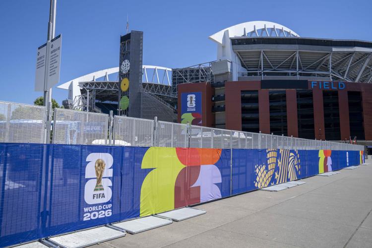 FIFA World Cup 2026 logos are seen on security barriers outside'' Seattle Stadium'' in Seattle, on June 2, 2026.