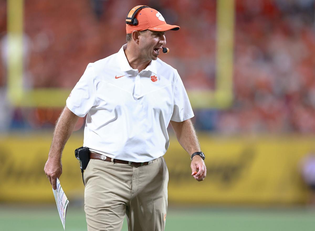 Head coach Dabo Swinney of the Clemson Tigers directs his team against the Georgia Bulldogs during the second half of the Duke's Mayo Classic at Bank of America Stadium on Sept. 4, 2021 in Charlotte, North Carolina.