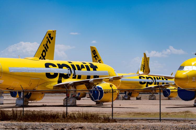 Out-of-service Spirit Airlines aircraft rest at Phoenix Goodyear Airport in Goodyear on May 2, 2026.
