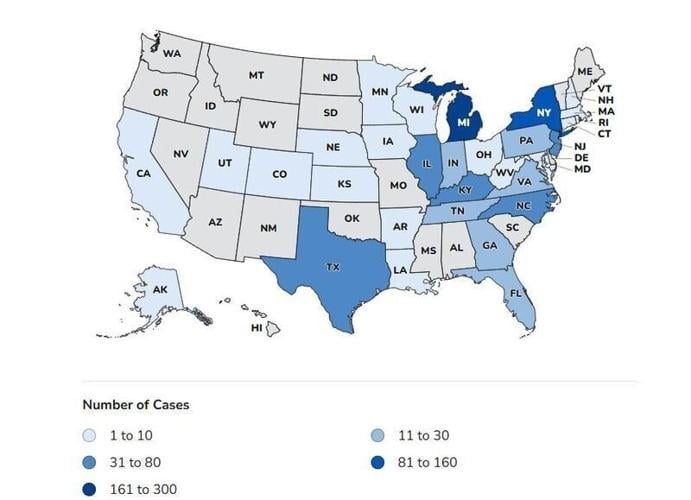 This Centers for Disease Control map shows where the 1,645 people with cyclosporiasis acquired in the United States since May 1, 2026, lived.