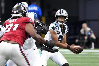 Sep 20, 2026; Atlanta, Georgia, USA;  Carolina Panthers quarterback Bryce Young (9) drops back in the pocket during the first quarter against the Atlanta Falcons at Mercedes-Benz Stadium.  Mandatory Credit: Dale Zanine-Imagn Images