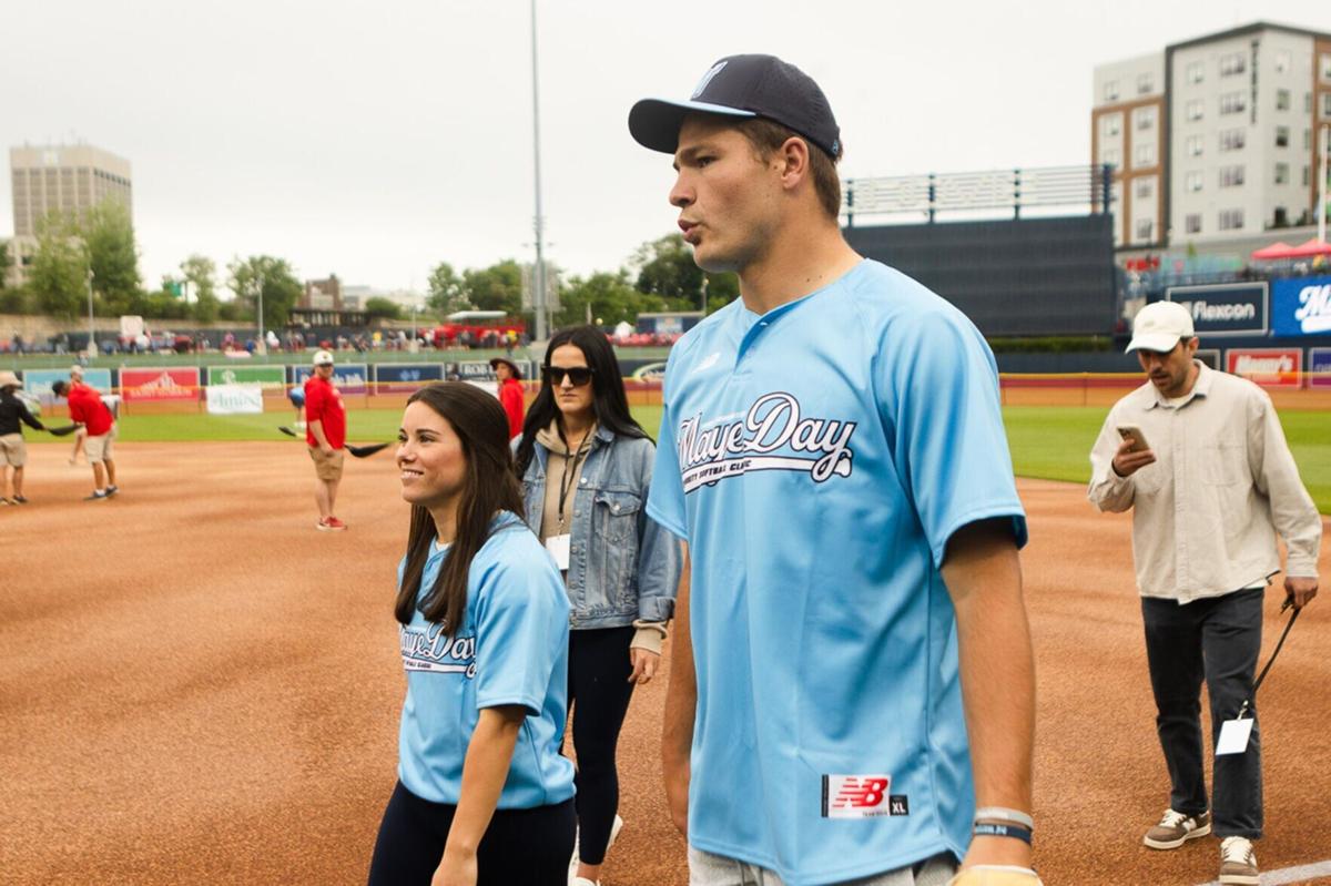 Drake Maye and Ann Michael Maye host the inaugural MayeDay Family Foundation Celebrity Softball Classic at Polar Park on Sunday, May 31, 2026, in Worcester, Mass..