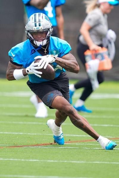 Jun 9, 2026; Charlotte, NC, USA;  Carolina Panthers wide receiver Jimmy Horn Jr. (15) with the ball during the first day of mini camp at Bank of America Stadium practice facility. Mandatory Credit: Jim Dedmon-Imagn Images