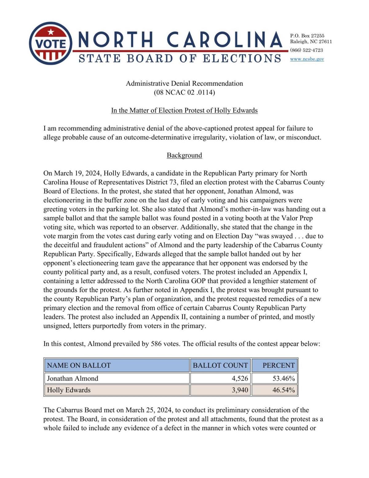 Holly Edwards' Administrative Denial Recommendation