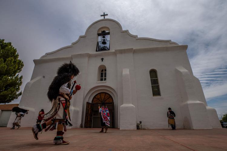 Tigua dancers of the Ysleta del Sur Pueblo perform outside the historic mission in San Elizario, Texas, during a cultural reenactment of borderlands history. The event reflects generations of Indigenous, Mexican and American influences that have shaped ide