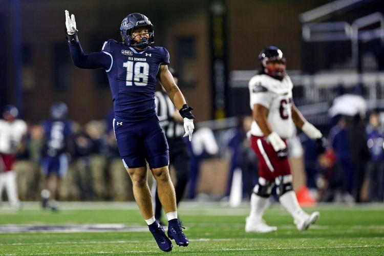 Old Dominion Monarchs linebacker Jackson Forrest (18) celebrates after a play during the second quarter against the Troy Trojans at S. B. Ballard Stadium in Norfolk, Va., on Nov. 13, 2025.