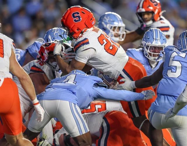 Oct 24, 2026; Chapel Hill, North Carolina, USA;  Syracuse Orange running back Ahmad Miller (22) makes a diving touchdown during the first half against North Carolina Tar Heels at Kenan Stadium.  Mandatory Credit: Cory Knowlton-Imagn Images