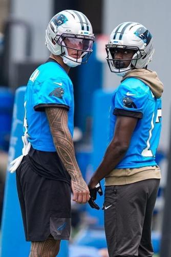Jun 9, 2026; Charlotte, NC, USA; Carolina Panthers wide receiver Tetairoa McMillan (4) and wide receiver Xavier Legette (17) during the first day of mini camp at Bank of America Stadium practice facility. Mandatory Credit: Jim Dedmon-Imagn Images