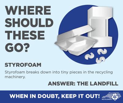 Styrofoam goes in the trash, not in the recycling