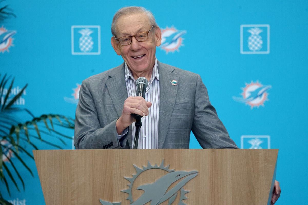 Miami Dolphins owner Steve Ross talks with the media during a news conference to introduce new general manager Jon-Eric Sullivan and new head coach Jeff Hafley at the Baptist Health Training Complex in Miami Gardens, Florida, on Jan. 22, 2026.