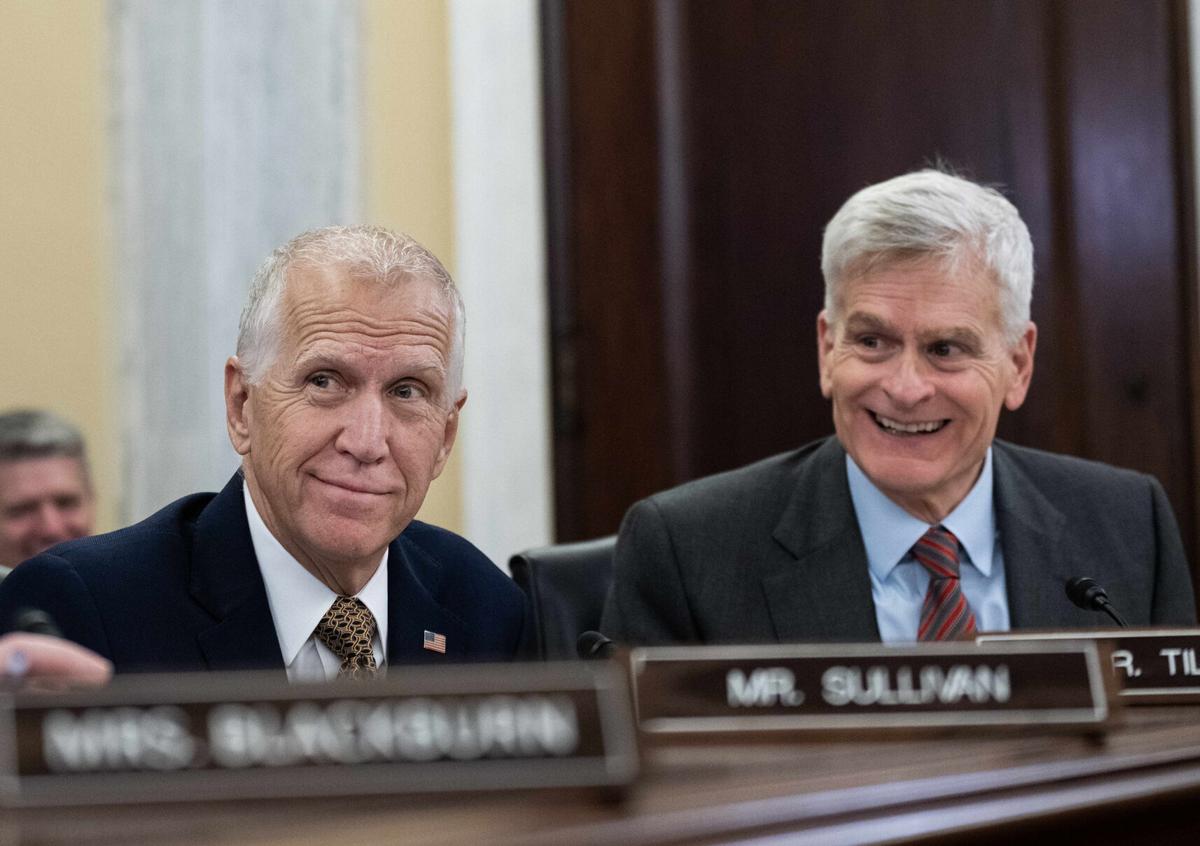 Thom Tillis, R- N.C., left, and Bill Cassidy, R- La., attend a Senate Veterans' Affairs Committee confirmation hearing in Russell building on Tuesday, April 1, 2025.