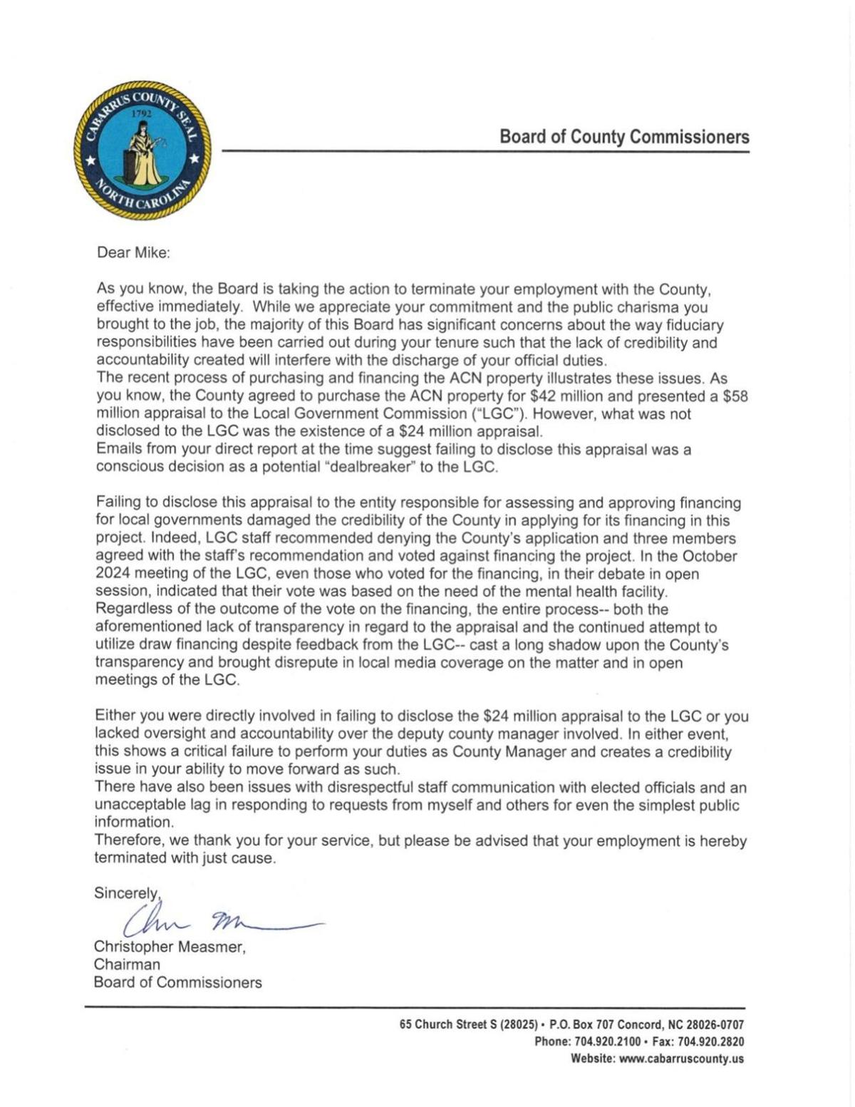 Mike Downs' Termination Letter