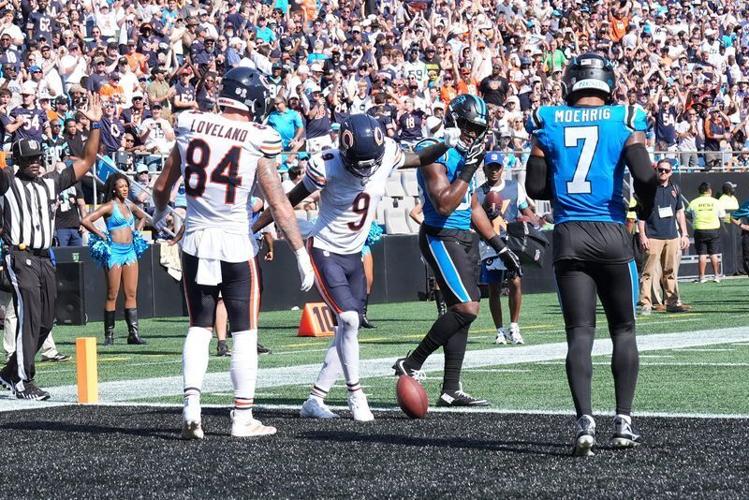 Sep 13, 2026; Charlotte, North Carolina, USA;  Chicago Bears wide receiver Jahdae Walker (9) celebrates a touchdown in the second half against the Carolina Panthers at Bank of America Stadium.  Mandatory Credit: Jim Dedmon-Imagn Images