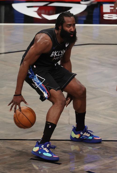 James Harden of the Brooklyn Nets dribbles against the Orlando Magic at the Barclays Center in New York on Thursday, Feb. 25, 2021.