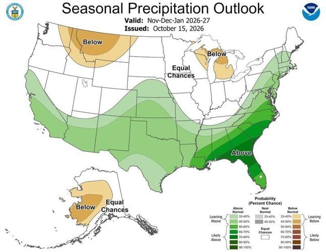 The NOAA's long range forecast for precipitation in the U.S. November 2026-January 2027.