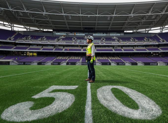Pat Ryan on the 50- yard line at Northwestern University’ s new Ryan Field on Sept. 14, 2026, in Evanston, Ill. It is still under construction and officially opens on Oct. 2, 2026.