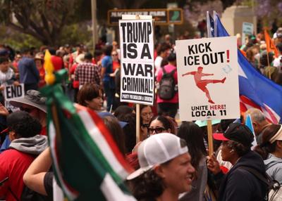 Hundreds of workers and activists gather at MacArthur Park in downtown Los Angeles on Friday, May 1, 2026, in recognition of May Day.