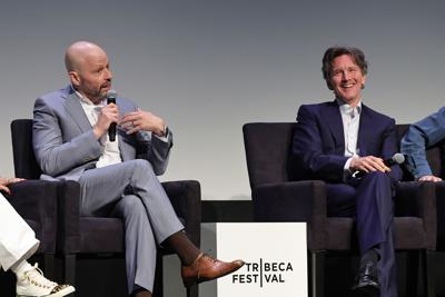 Jon Cryer and Andrew McCarthy speak onstage at the "Brats" premiere during the 2024 Tribeca Festival at BMCC Theater on Friday, June 7, 2024, in New York City.