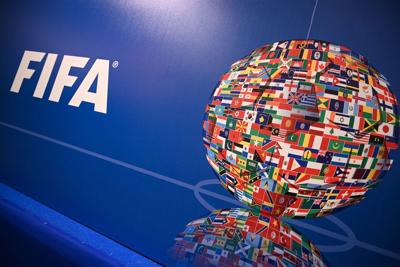 A picture shows the FIFA logo during a news conference held by the president of the football's governing body at the FIFA Executive Football Summit on Feb. 15, 2019, in Istanbul.