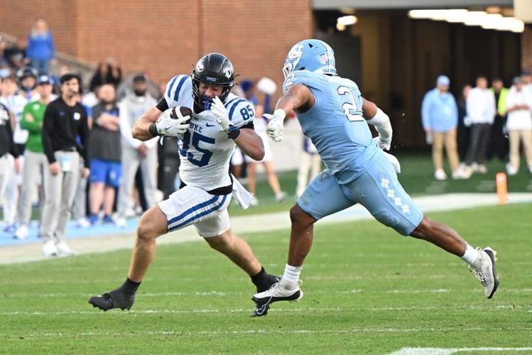 Nov 22, 2025; Chapel Hill, North Carolina, USA; Duke Blue Devils tight end Jeremiah Hasley (85) runs downfield after a catch during the first half at Kenan Stadium. Mandatory Credit: William Howard-Imagn Images
