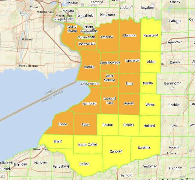 Orange and yellow zones Erie County