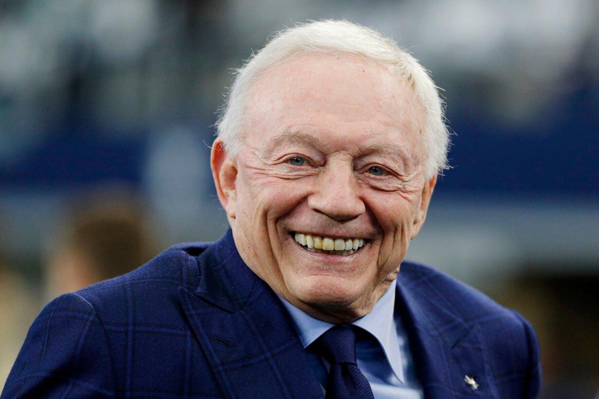 Dallas Cowboys owner Jerry Jones on the field prior to a game against the San Francisco 49 ers in the NFC Wild Card Playoff game at AT&T Stadium on Jan. 16, 2022, in Arlington, Texas.
