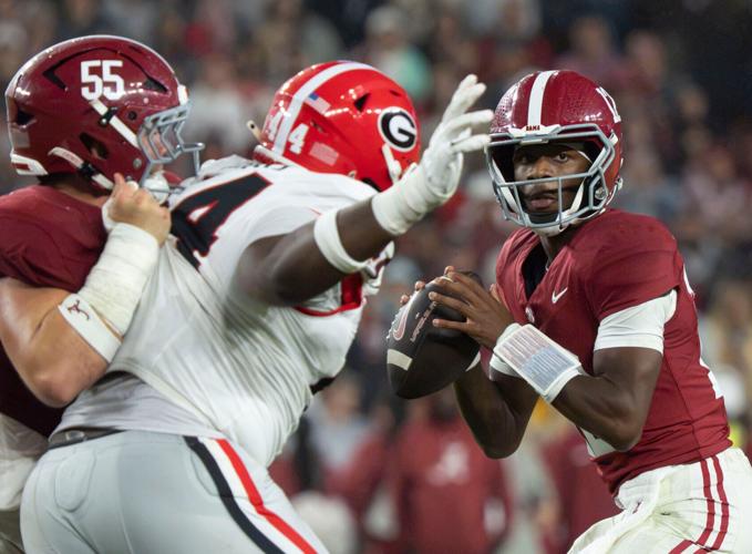 Oct 10, 2026; Tuscaloosa, Alabama, USA;  Alabama quarterback Keelon Russell (12) looks to pass against Georgia at Saban Field at