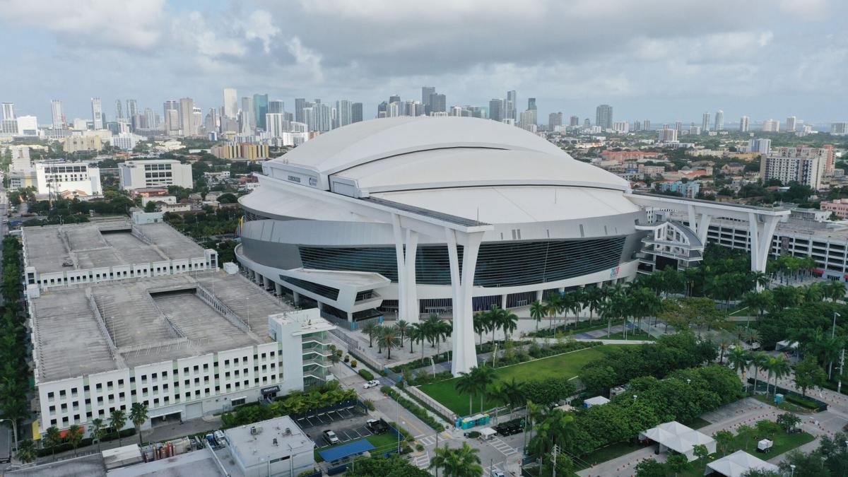 MIAMI, FLORIDA - JULY 27: An aerial drone view of Marlins Park on July 27, 2020 in Miami, Florida. The Miami Marlins' home opener against the Baltimore Orioles was postponed after a number of players tested positive for COVID-19.