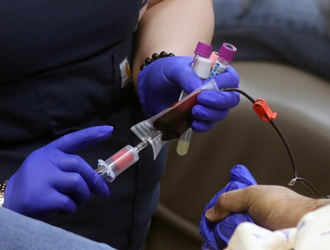 A donor gives blood at Bloodworks Northwest in Silverdale on Wednesday, Jan. 28, 2026.