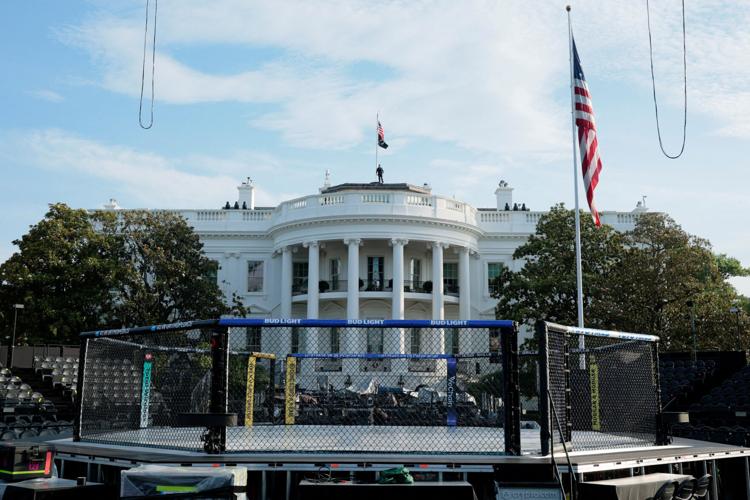 FILE PHOTO: Setup ahead of the UFC Freedom 250 fights on the South Lawn of the White House in Washington