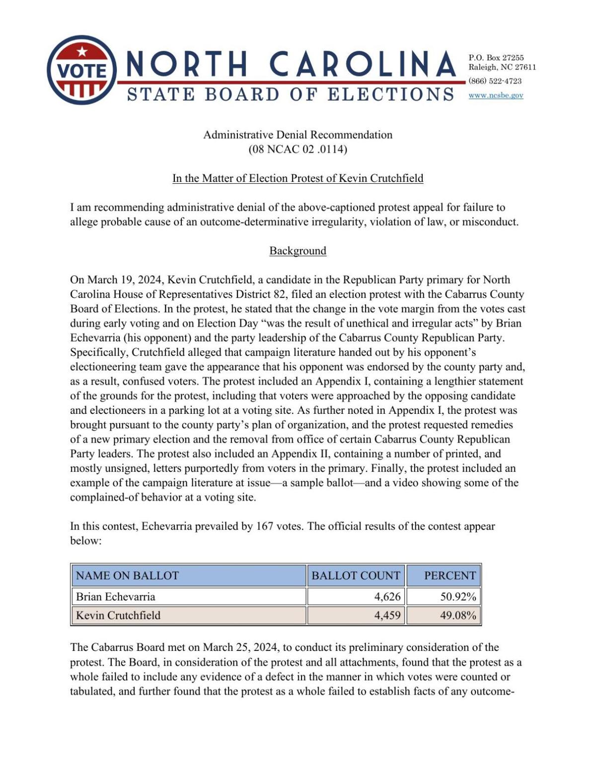 Kevin Crutchfield's Administrative Denial Recommendation