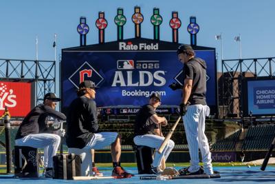 Chicago White Sox players Brenton Doyle, Munetaka Murakami, Sam Antonacci and Miguel Vargas talk on the field during a workout at Rate Field on Tuesday, Oct. 6, 2026, in Chicago.