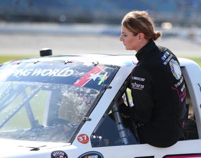 Driver Jennifer Jo Cobb gets into her truck during qualifying for the NASCAR Camping World Truck Series Overton's 225 at Chicagoland Speedway on June 29, 2018, in Joliet, Illinois.