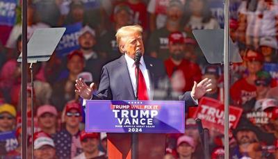 Donald Trump speaks to the crowd during a rally held Saturday, Nov. 2, 2024, at the Gastonia Municipal Airport.