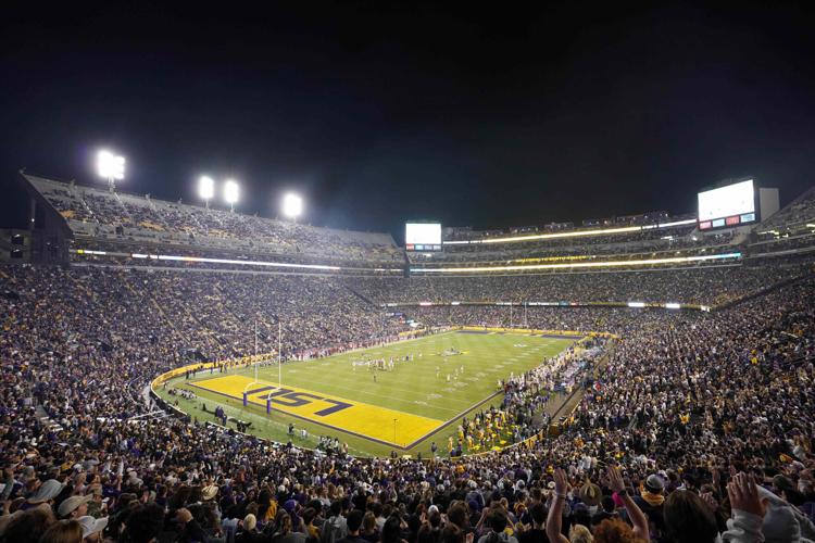 A general overall view of the opening kickoff of a game between Arkansas and LSU at Tiger Stadium.