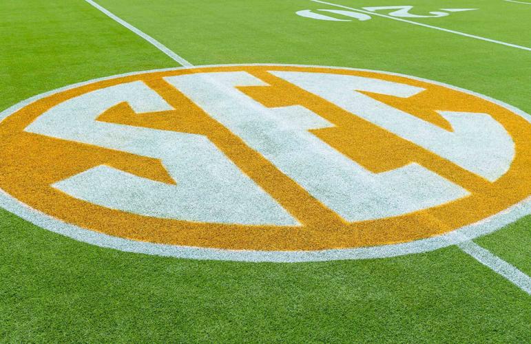 Oct. 20, 2018; Knoxville, TN, USA; The SEC logo on the field at Neyland Stadium before a game between the Tennessee Volunteers and Alabama Crimson Tide.