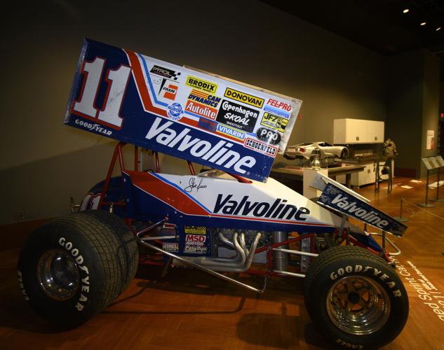 A winged sprint car driven by Steve Kinser during the 1993 World of Outlaws circuit, on display at a new exhibit at the Henry Ford Museum "Collecting Mobility: New Objects, New Stories," Wednesday, Oct. 20, 2021.