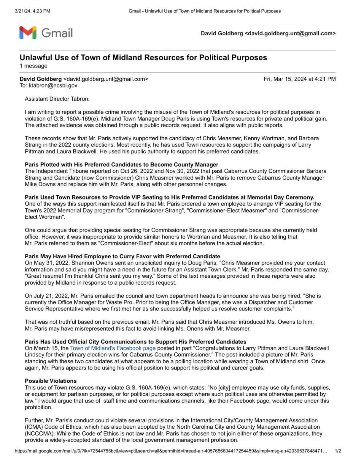 David Goldberg's email to the SBI