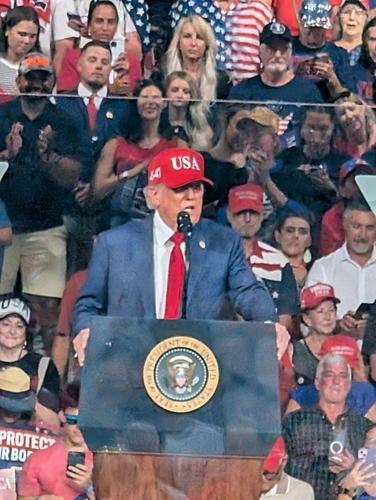President Donald Trump speaks at a rally for U.S. Senate candidate Michael Whatley at Gaston Municipal Airport on Wednesday, Sept. 16, 2026.