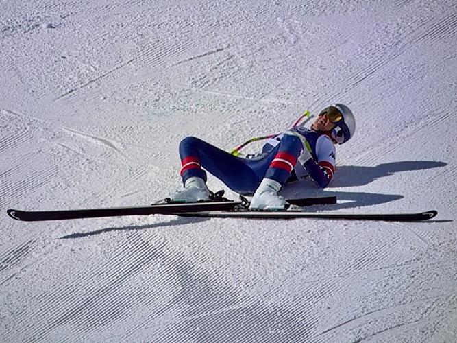 CORTINA D'AMPEZZO, ITALY- FEBRUARY 08: Lindsey Vonn of Team United States crashes during the Women's Downhill on day two of the Milano Cortina 2026 Winter Olympics at Tofane Alpine Skiing Centre on February 08, 2026 in Cortina d'Ampezzo, Italy.
