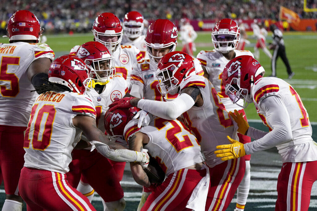 Philadelphia Eagles wide receiver A.J. Brown (11) runs with the ball  against the Kansas City Chiefs during the NFL Super Bowl 57 football game  in Glendale, AZ on Feb 12, 2023 Mandatory