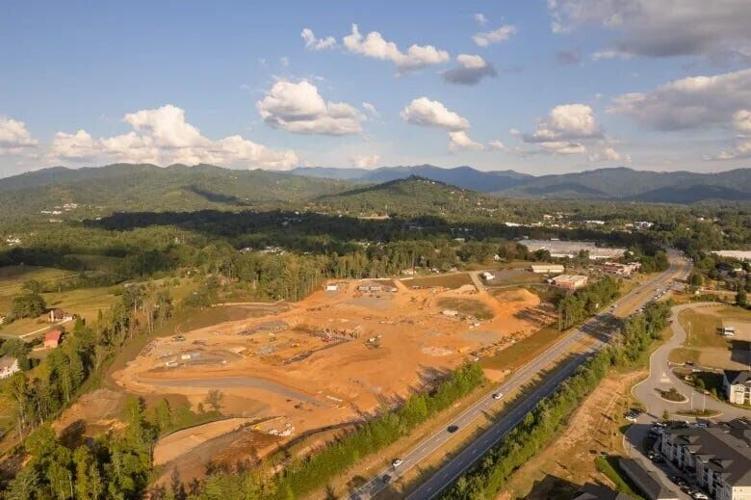 An overhead view of the construction site for the future AdventHealth Hospital in Weaverville on Sept. 10, 2026.
