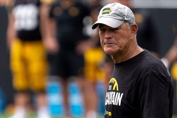 Iowa head coach Kirk Ferentz is pictured Aug. 15, 2026 during the Kids Day at Kinnick open practice at Kinnick Stadium in Iowa
