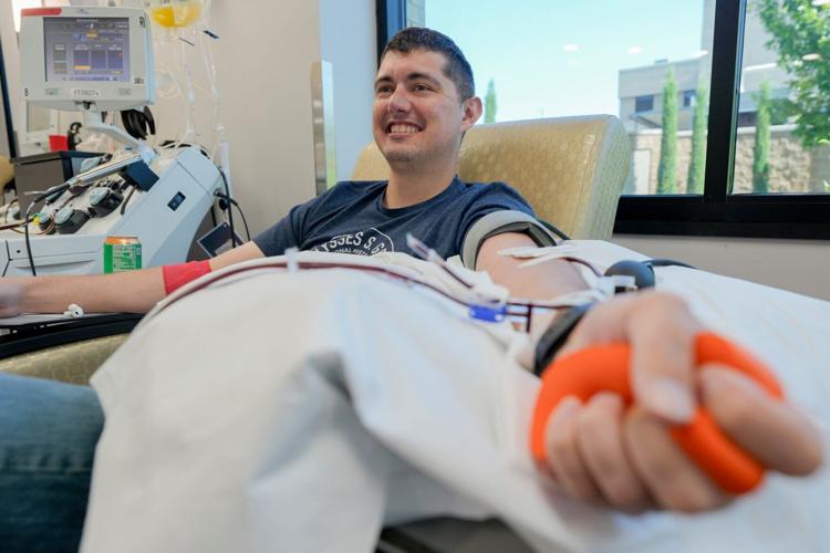 Joshua Juoni donates during a blood shortage at Our Blood Institute in Oklahoma City Wednesday, June 17, 2026.
