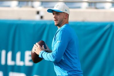Aug 21, 2026; Jacksonville, Florida, USA; Carolina Panthers quarterback Haynes King (16) warms up before a preseason game against the Jacksonville Jaguars at EverBank Stadium. Mandatory Credit: Nathan Ray Seebeck-Imagn Images